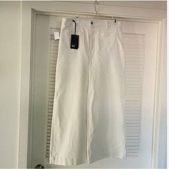 Paige Harper High Waist Wide Flared Leg Ankle Vintage Distressed White Jeans 32W - Picture 11 of 16